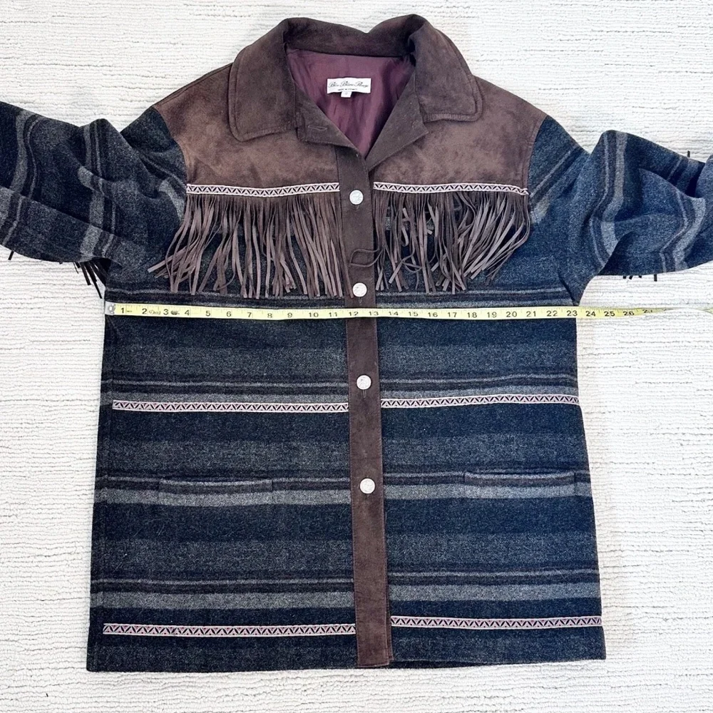 BLEU BLANC ROUGE Vintage Women L Brown/Blue Coat Fringe Suede Yellowstone Tribal